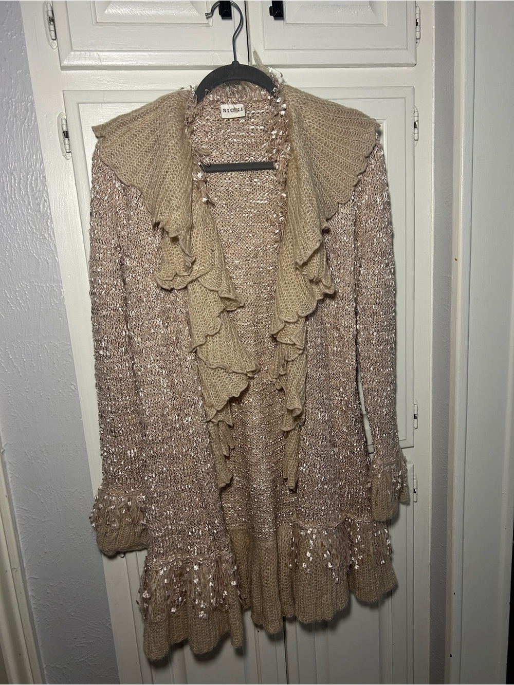 Sioni Beige Ruffle-Trim Open Knit Cardigan